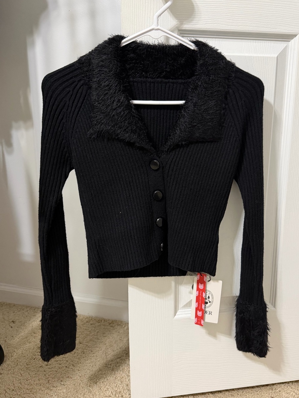 Cider Black Faux-Fur Trim Ribbed Button-Up Sweater